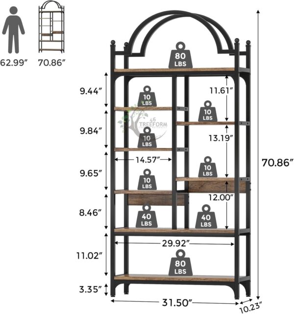 8-Tier Industrial Arched Bookcase, Open Display Storage Shelf - Image 2