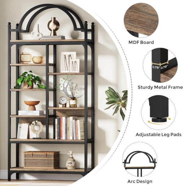 8-Tier Industrial Arched Bookcase, Open Display Storage Shelf - Image 6