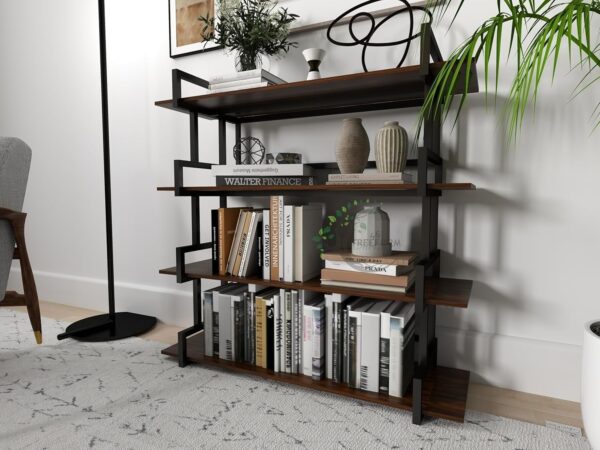 4-Tier Modern Industrial Ladder Bookshelf, Rustic Wood and Metal Shelving Unit - Image 2