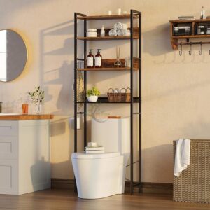 4-Tier, Freestanding Bathroom Organizer, Sturdy Behind Toilet Rack with Hooks