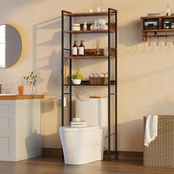 4-Tier, Freestanding Bathroom Organizer, Sturdy Behind Toilet Rack with Hooks